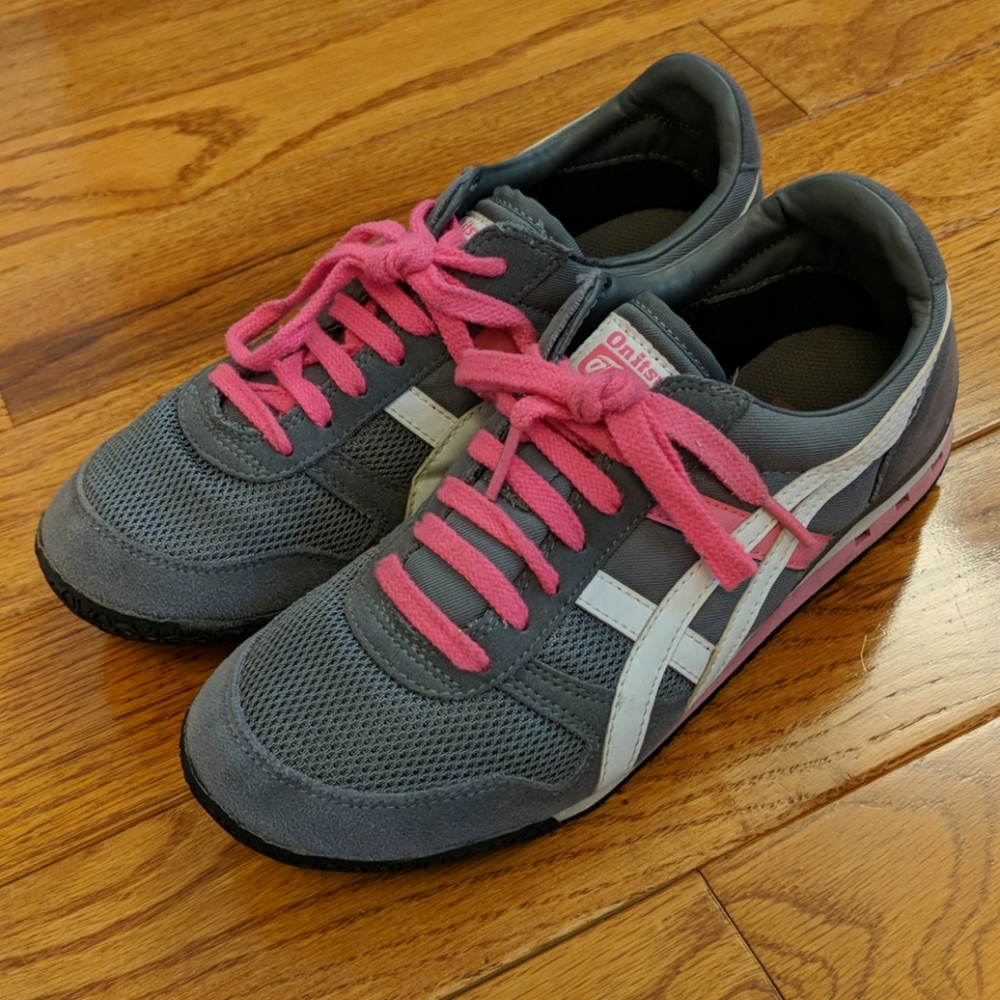 Onitsuka Tiger Gray Sneakers with Pink Laces